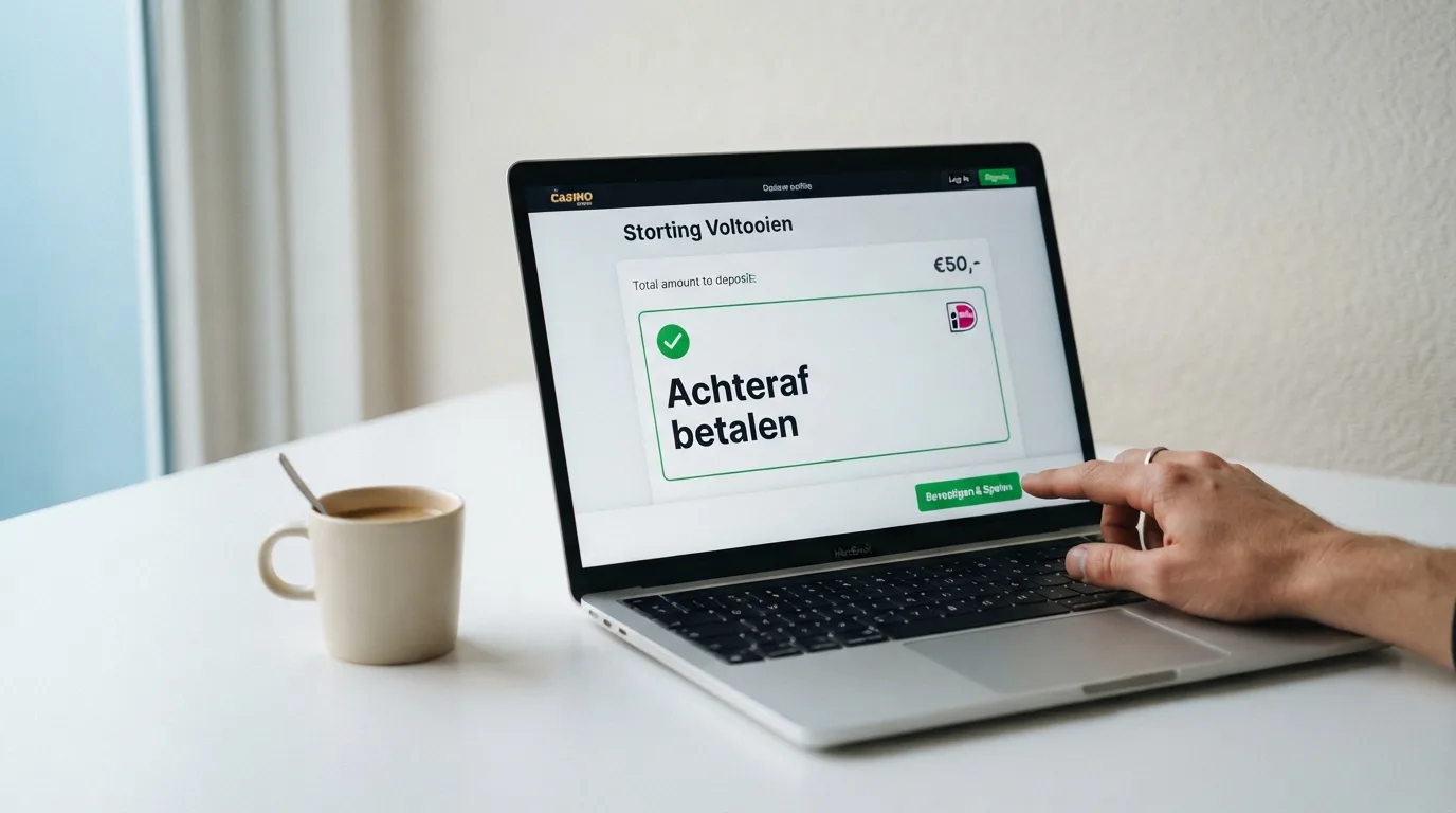 Een laptopscherm met de stortingspagina van een online casino waarop AfterPay als betaaloptie is geselecteerd