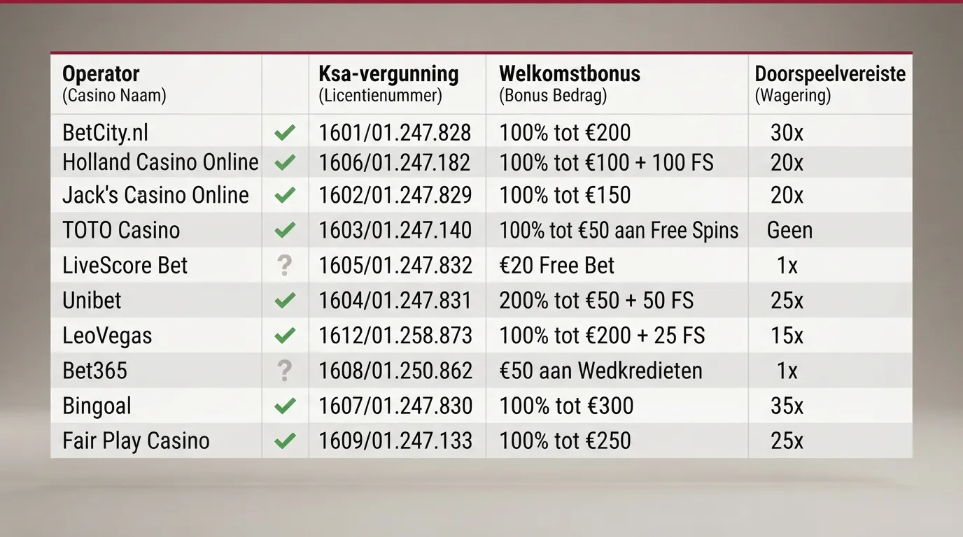 Vergelijkingstabel met tien rijen casino's en kolommen voor vergunning en bonus