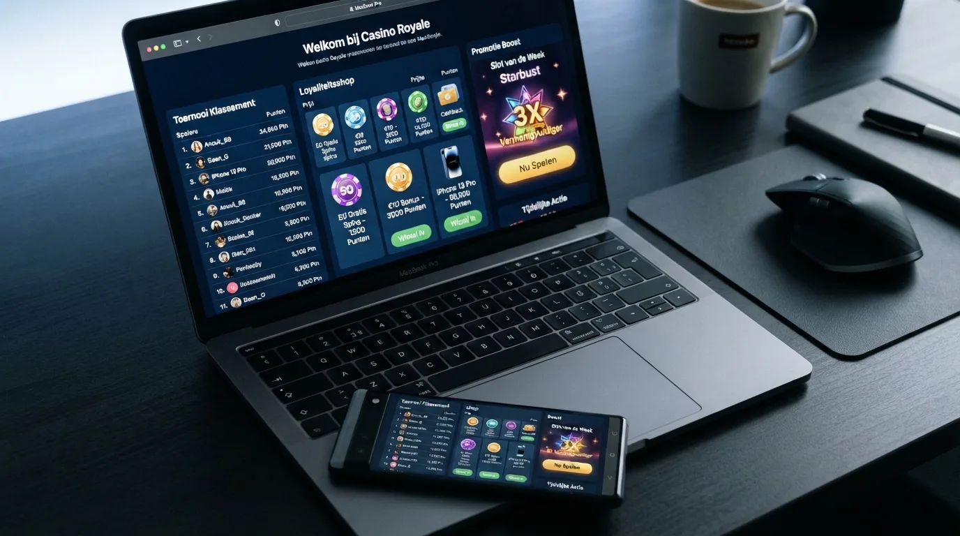 Een Belgisch casino-dashboard met lopende toernooien, een loyaltywinkel met coins en een boost-aankondiging op een geselecteerd spel