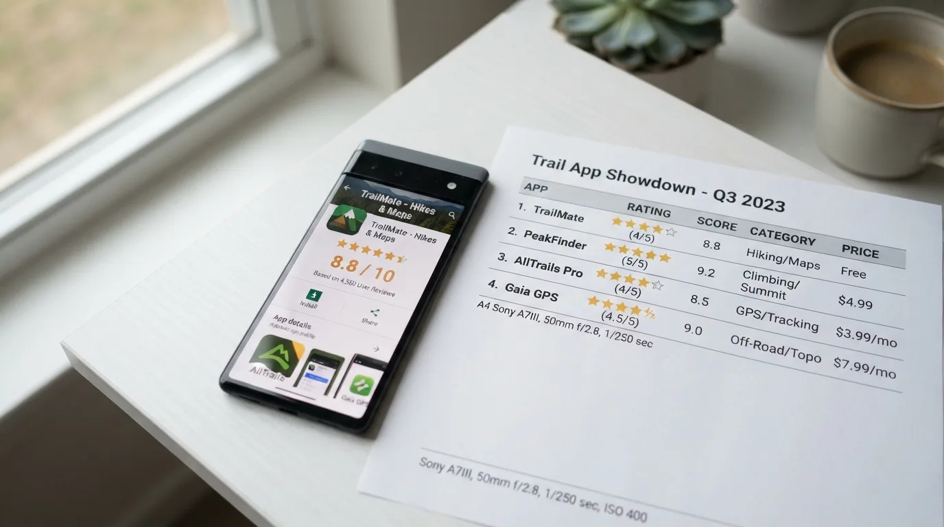 Een Android-telefoon naast een lijst met casino app-beoordelingen, met sterren en scores zichtbaar
