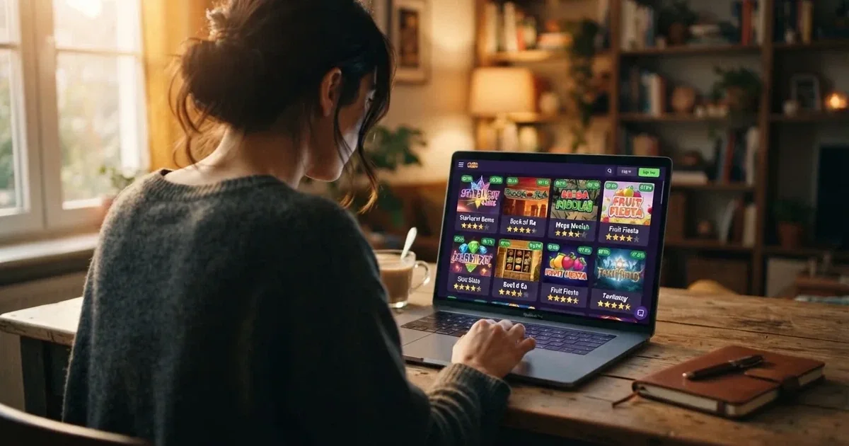 Een Nederlandse speler bekijkt op een laptop een rij kleurrijke online slots met zichtbare RTP-percentages en sterbeoordelingen