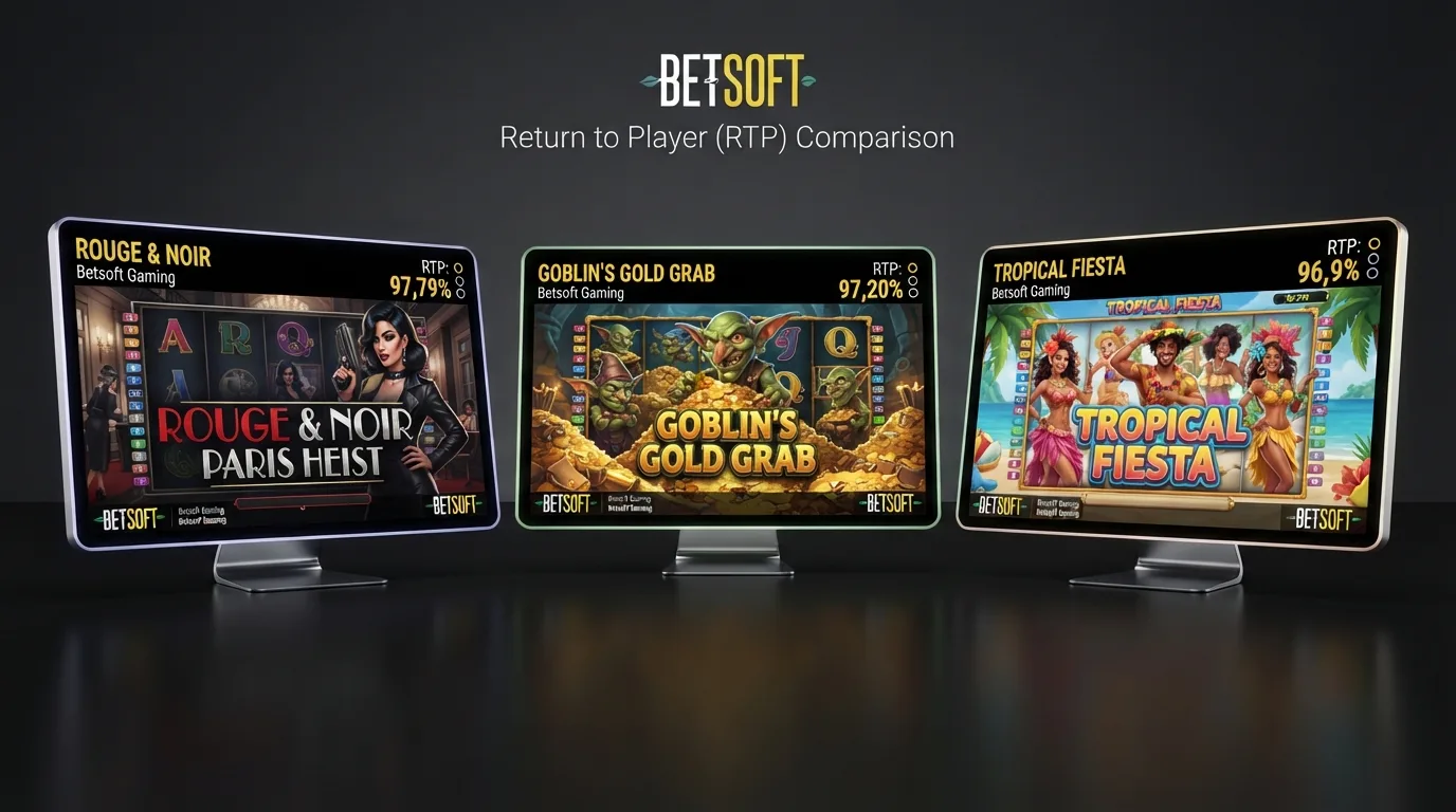 Drie Betsoft-slot-titelschermen naast elkaar met hun RTP-percentage zichtbaar in de interface