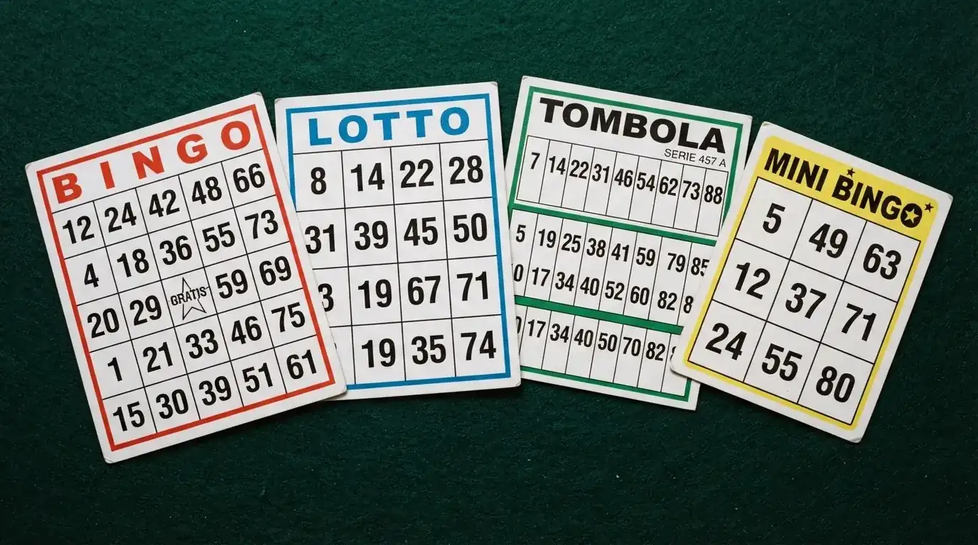 Vier verschillende bingokaarten naast elkaar, van een 5×5-kaart tot een 3×3-kaart