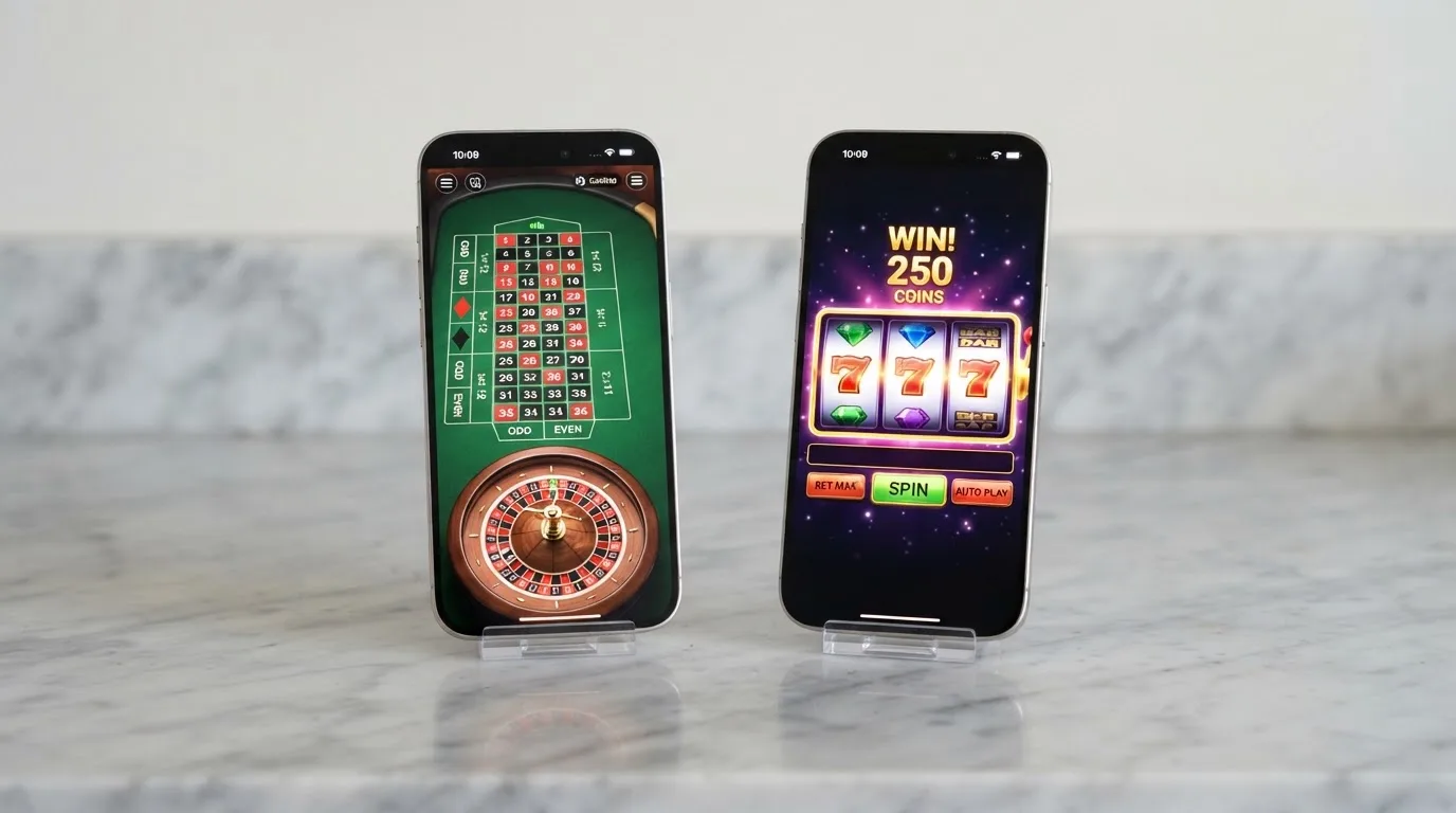 Twee iPhones naast elkaar met elk een andere casino-app geopend