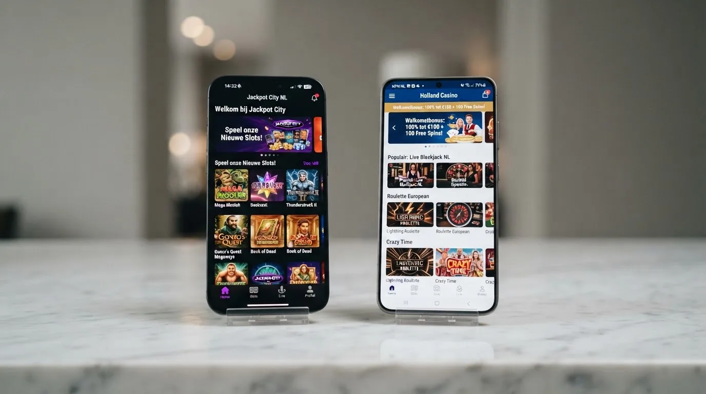 Twee smartphones naast elkaar met verschillende casino-apps geopend, die een vergelijking visueel maken