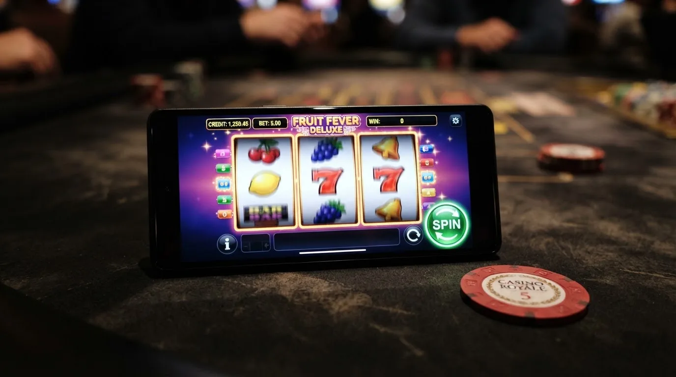 Een Android-telefoon in landscape-modus met een kleurrijk gokkastspel actief op het scherm, met de spin-knop zichtbaar