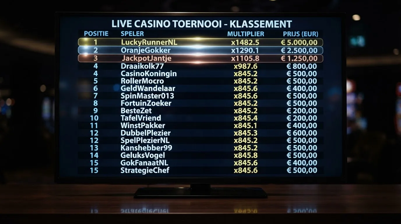 Een close-up van een digitaal casino-leaderboard met spelersnamen, scores in multipliers en prijzenbedragen in euro's