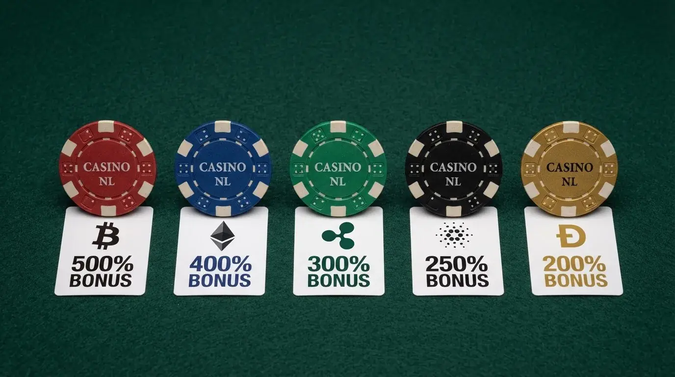 Een overzichtelijke rij bitcoin casino-logo's met daaronder bonusbedragen in BTC