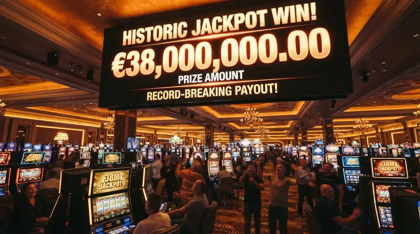 Een groot jackpotbedrag in beeld bij de bekendmaking van een gevallen jackpot