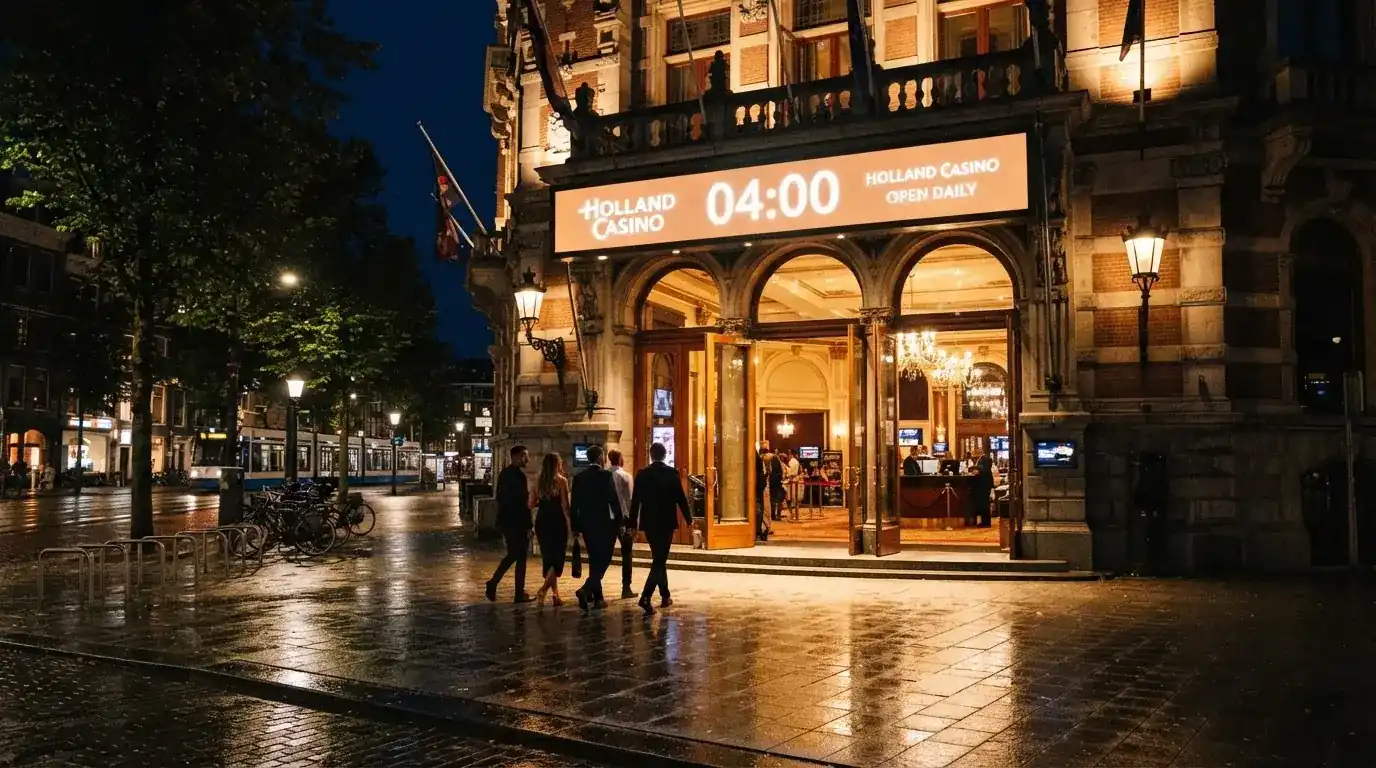 De verlichte gevel van Holland Casino Amsterdam aan het Max Euweplein in de avond, met bezoekers die naar binnen gaan en een zichtbaar openingsbord met de sluitingstijd 04:00.