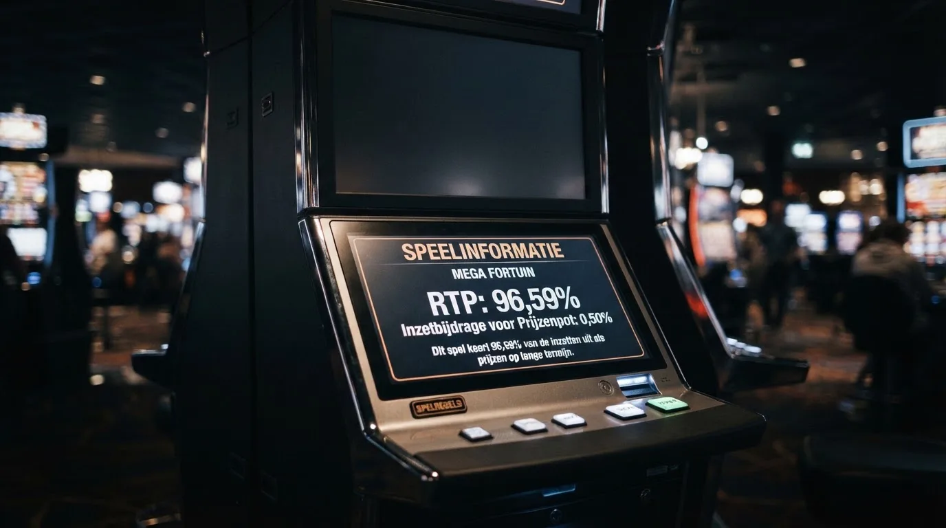 Een jackpot gokkast met het spelinformatiescherm geopend, waarop de RTP-waarde zichtbaar is
