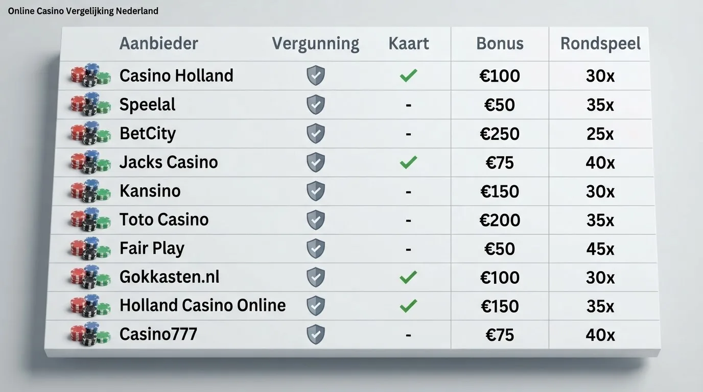 Een vergelijkingstabel met tien Nederlandse online casino's, hun vergunning en welkomstbonus.