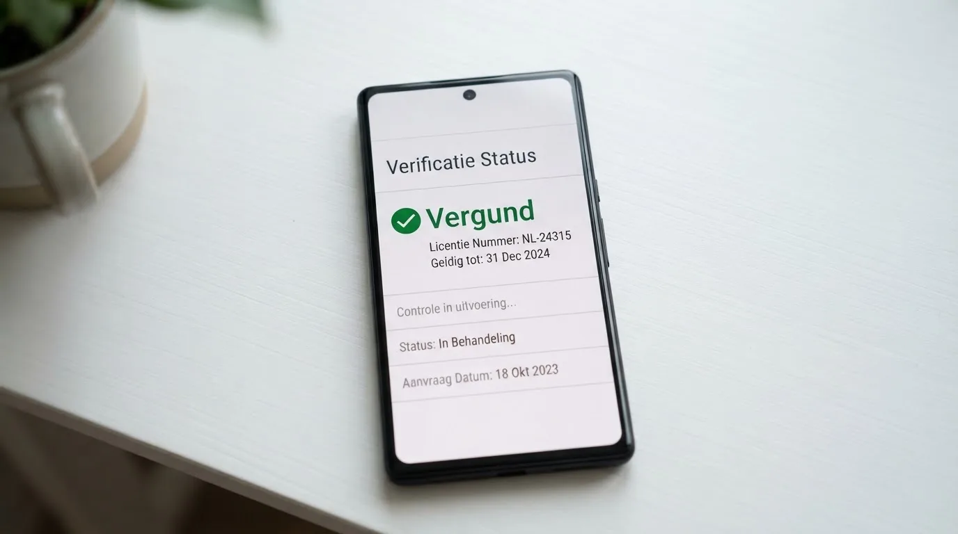 Een close-up van een telefoonscherm met de Ksa-website en het vergunningenregister, waarbij één casino met een groen vinkje gemarkeerd staat als legaal