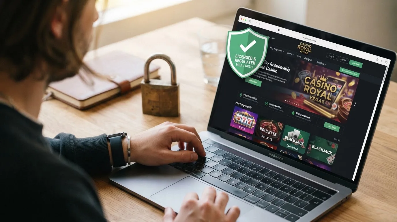 Close-up van het Kansspelautoriteit-logo op de homepage van een legaal Nederlands online casino, met een slot op de achtergrond.
