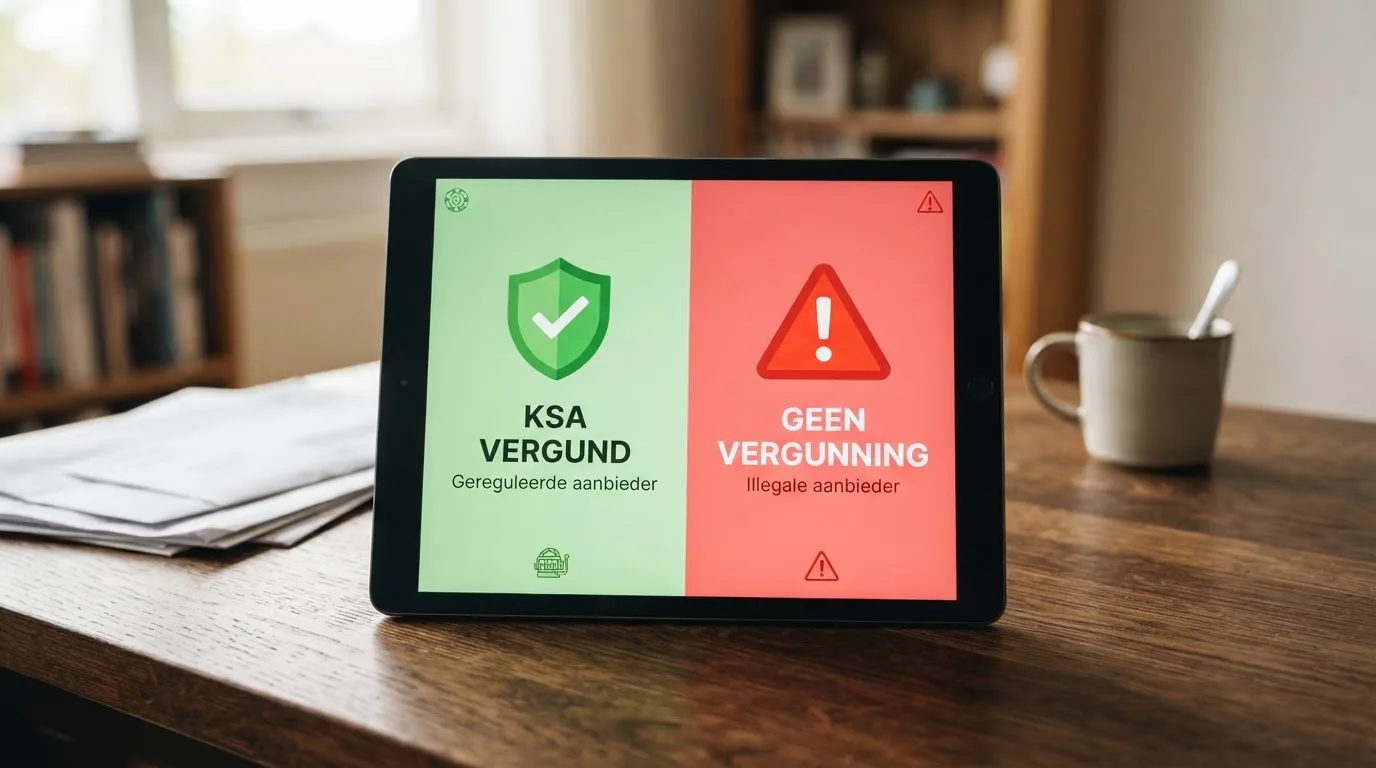 Een close-up van het Ksa-keurmerk naast een rood gemarkeerd waarschuwingsscherm van een offshore goksite zonder Nederlandse vergunning, beide op een tablet in portrait-stand