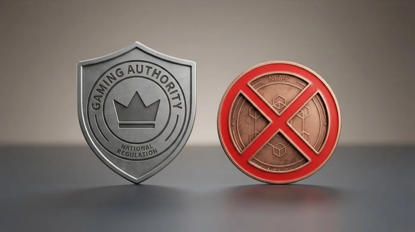 Het logo van de Kansspelautoriteit naast een doorgekruist bitcoin-symbool