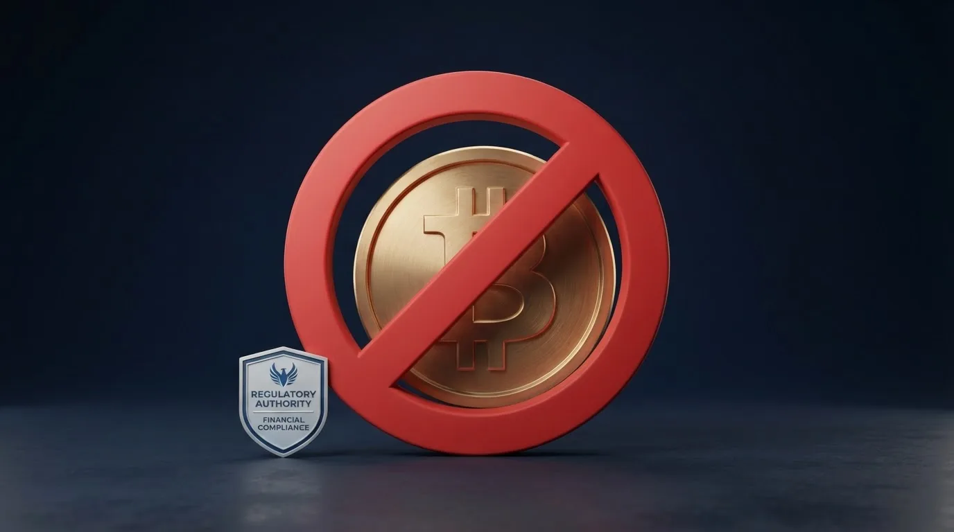 Het logo van de Kansspelautoriteit naast een rood kruis over een bitcoin-symbool