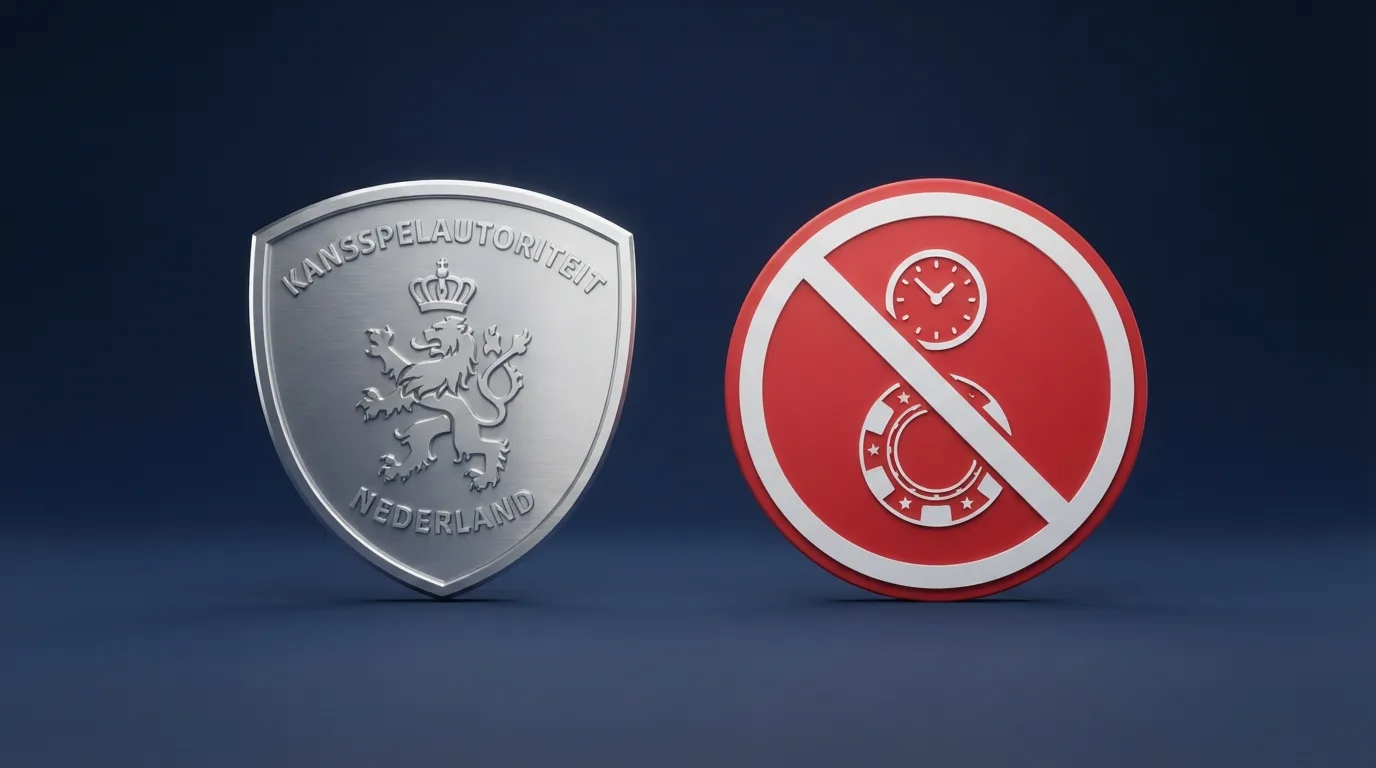Het logo van de Kansspelautoriteit naast een doorgestreept AfterPay/Riverty-pictogram