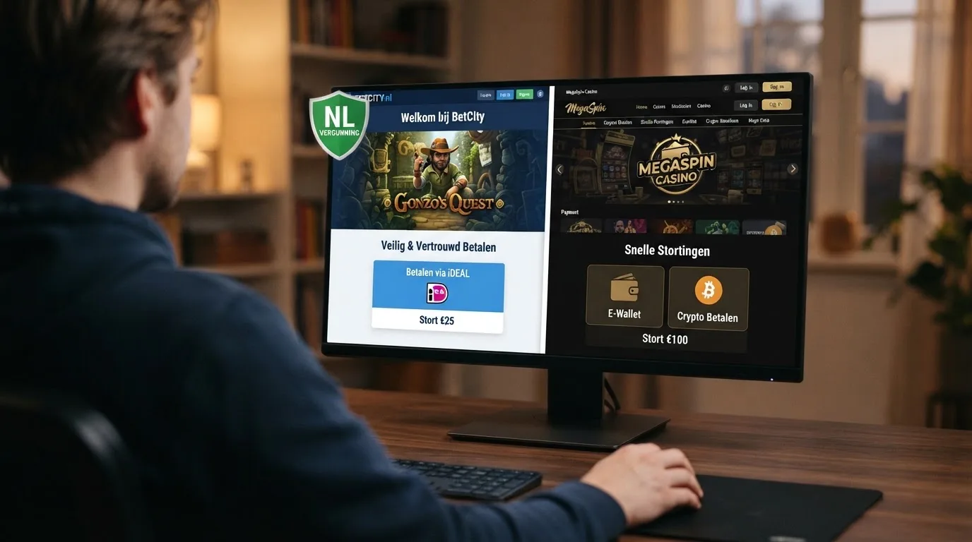 Een splitscreen: links een casino-interface met het Ksa-keurmerk en iDEAL als betaaloptie, rechts een casino-pagina zonder Ksa-logo waar iDEAL ontbreekt en alleen crypto of e-wallets worden aangeboden.