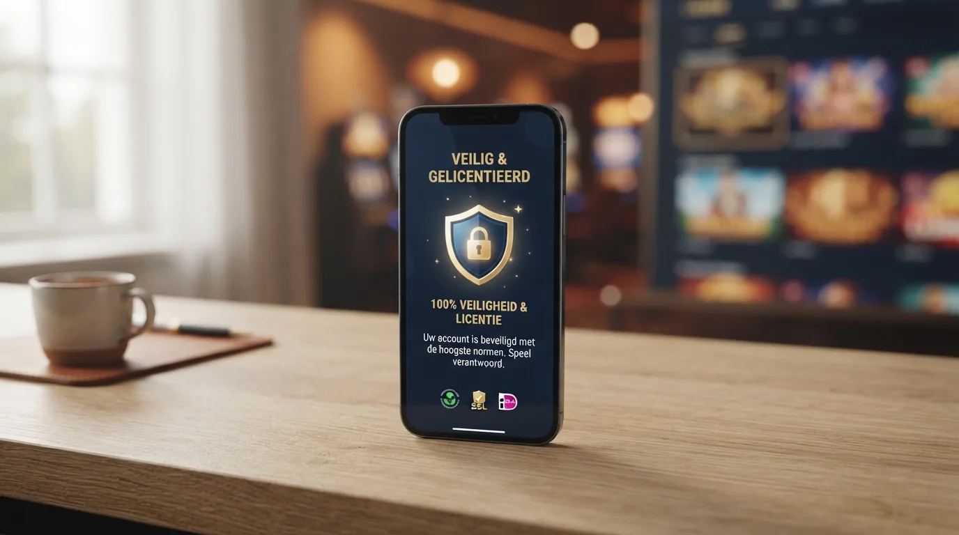 Een smartphonescherm met het Ksa-logo en een hangslot-icoon, tegen een achtergrond van een casino-app