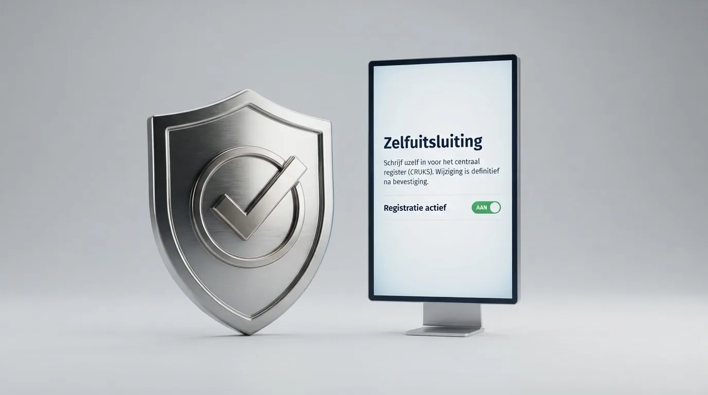 Ksa-vergunningsbadge naast een Cruks-inschrijvingsscherm op een beeldscherm