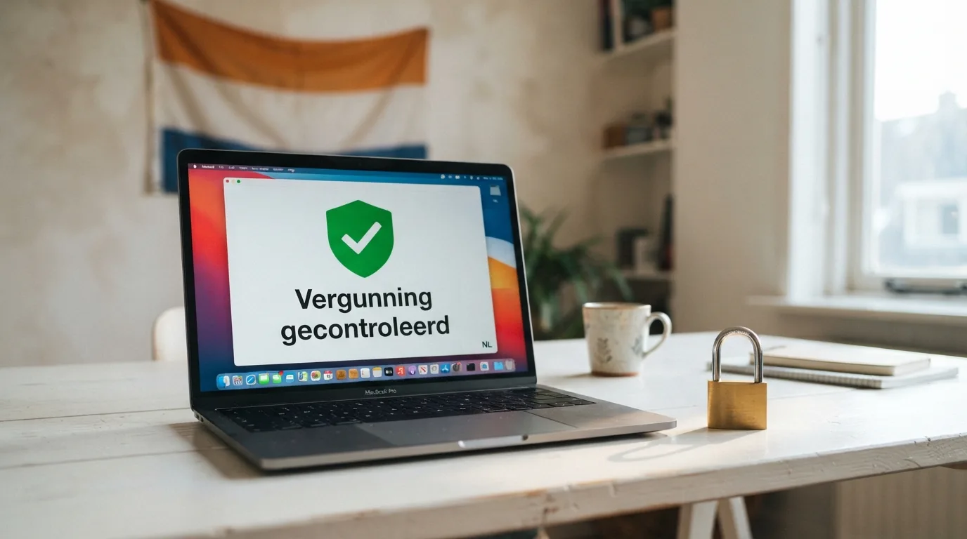 Een laptopscherm met het KSA-logo naast een hangslot, met de tekst 'Vergunning gecontroleerd' in het Nederlands, en op de achtergrond een vervaagde Nederlandse vlag.