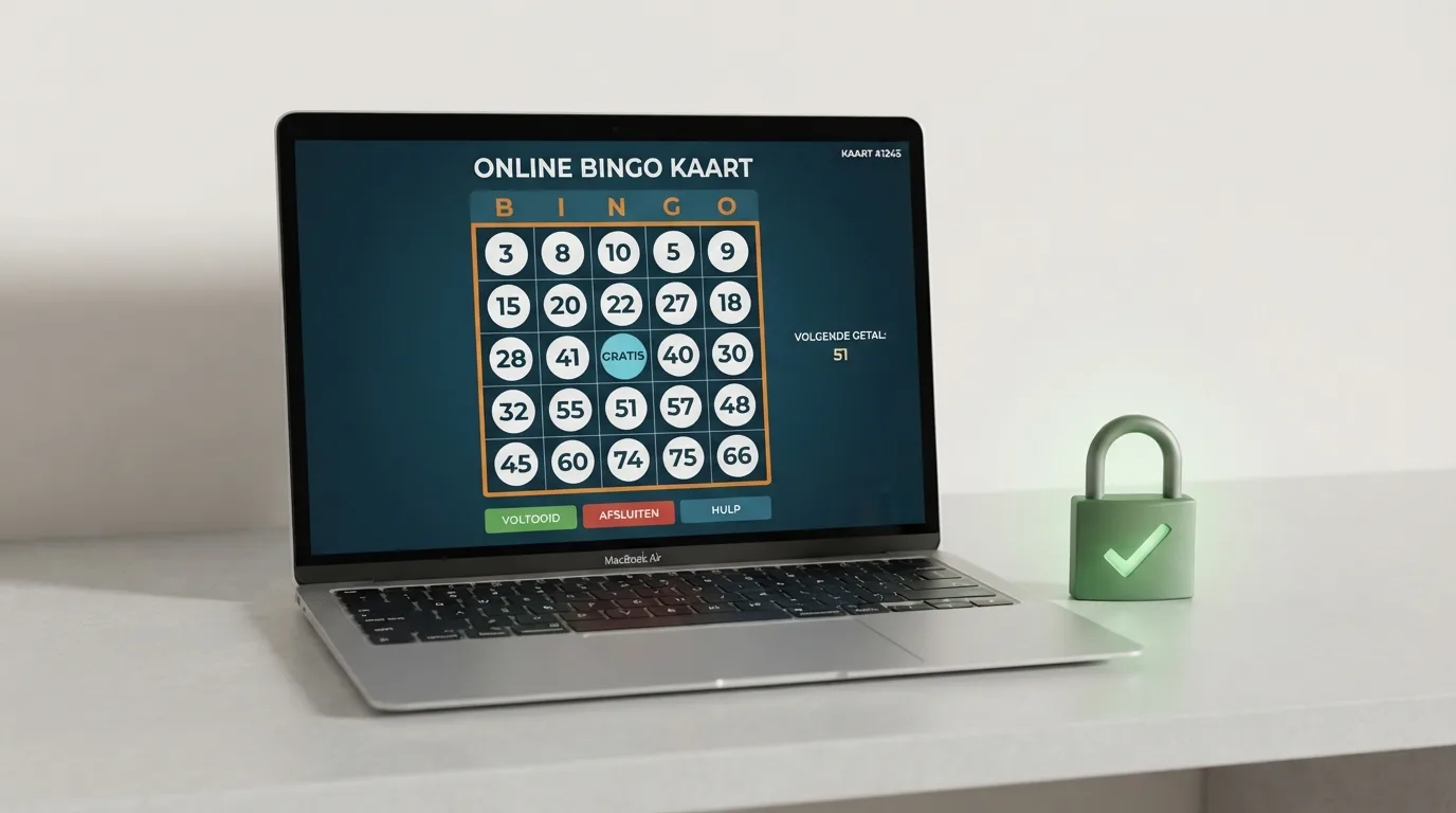 Een bingokaart op een scherm met daarnaast een slotje en een groen vinkje als keurmerk