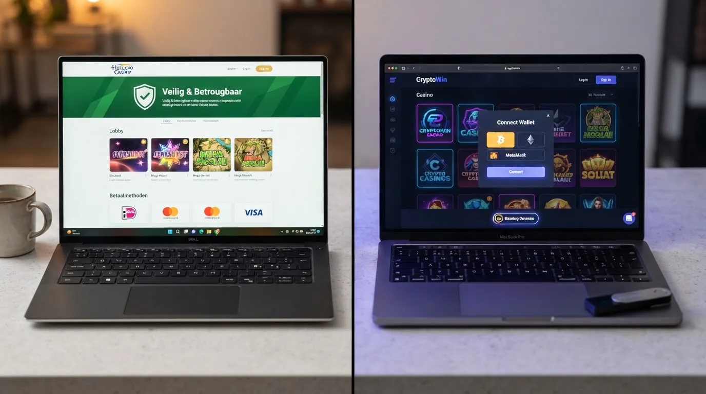 Een splitscreen: links een Ksa-gekeurde casino-omgeving met iDEAL-betaalknop en het groene Ksa-keurmerk, rechts een crypto-casino-interface met BCH-wallet-koppeling en een Curaçaose licentie-badge