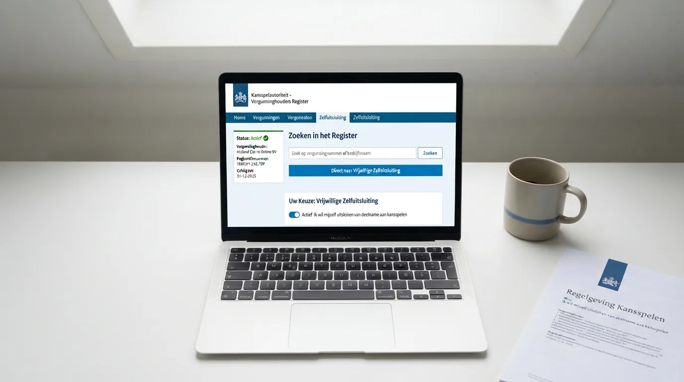 Het scherm van de Kansspelcommissie-website met de pagina voor het raadplegen van de witte lijst en de knop voor EPIS-uitsluiting