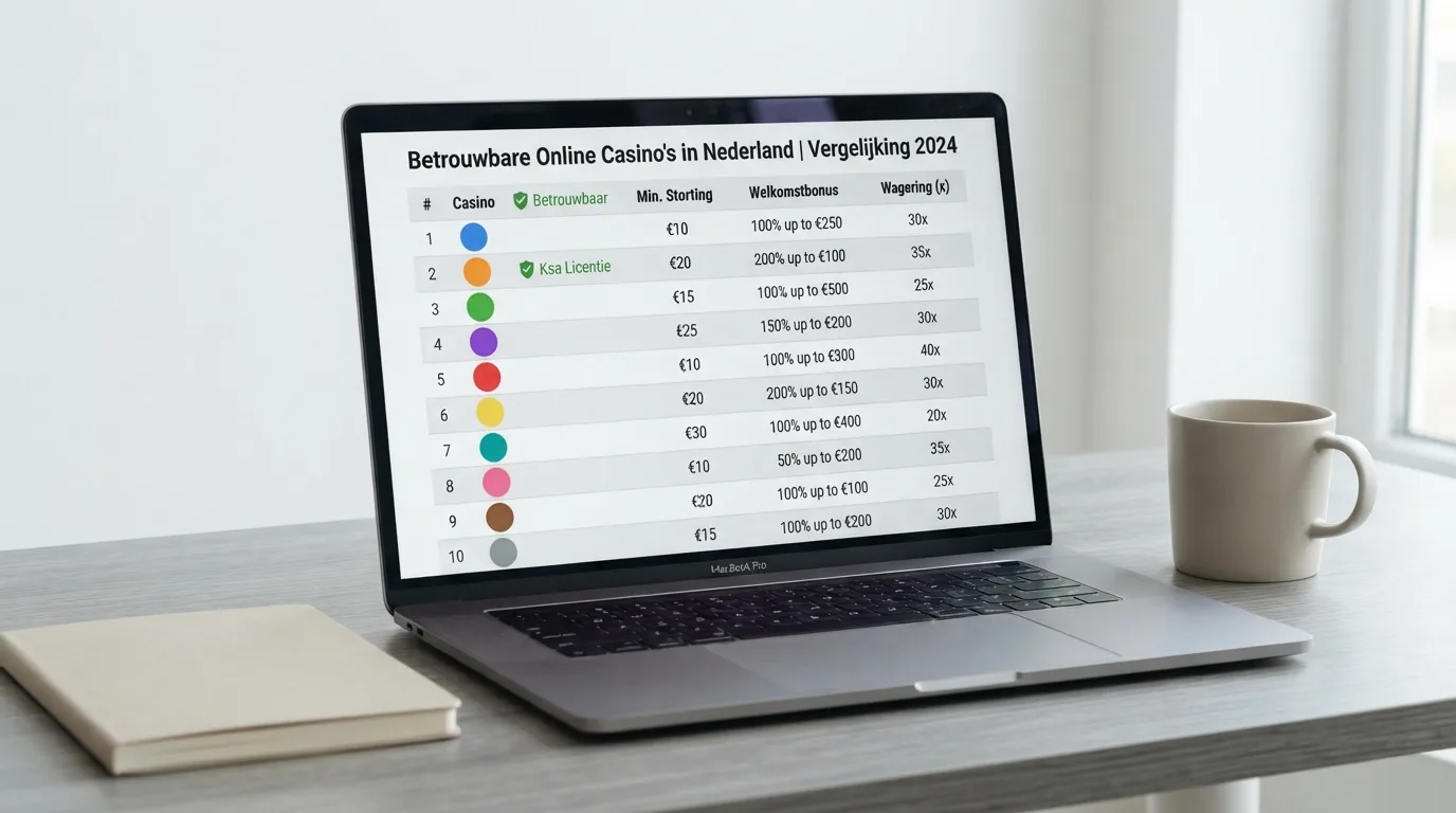 Een overzichtelijk vergelijkingsscherm met Nederlandse casino-logo's naast kolommen voor minimale storting, bonus en rondspeelvoorwaarde, op een scherm met de Ksa-vergunning zichtbaar als keurmerk.