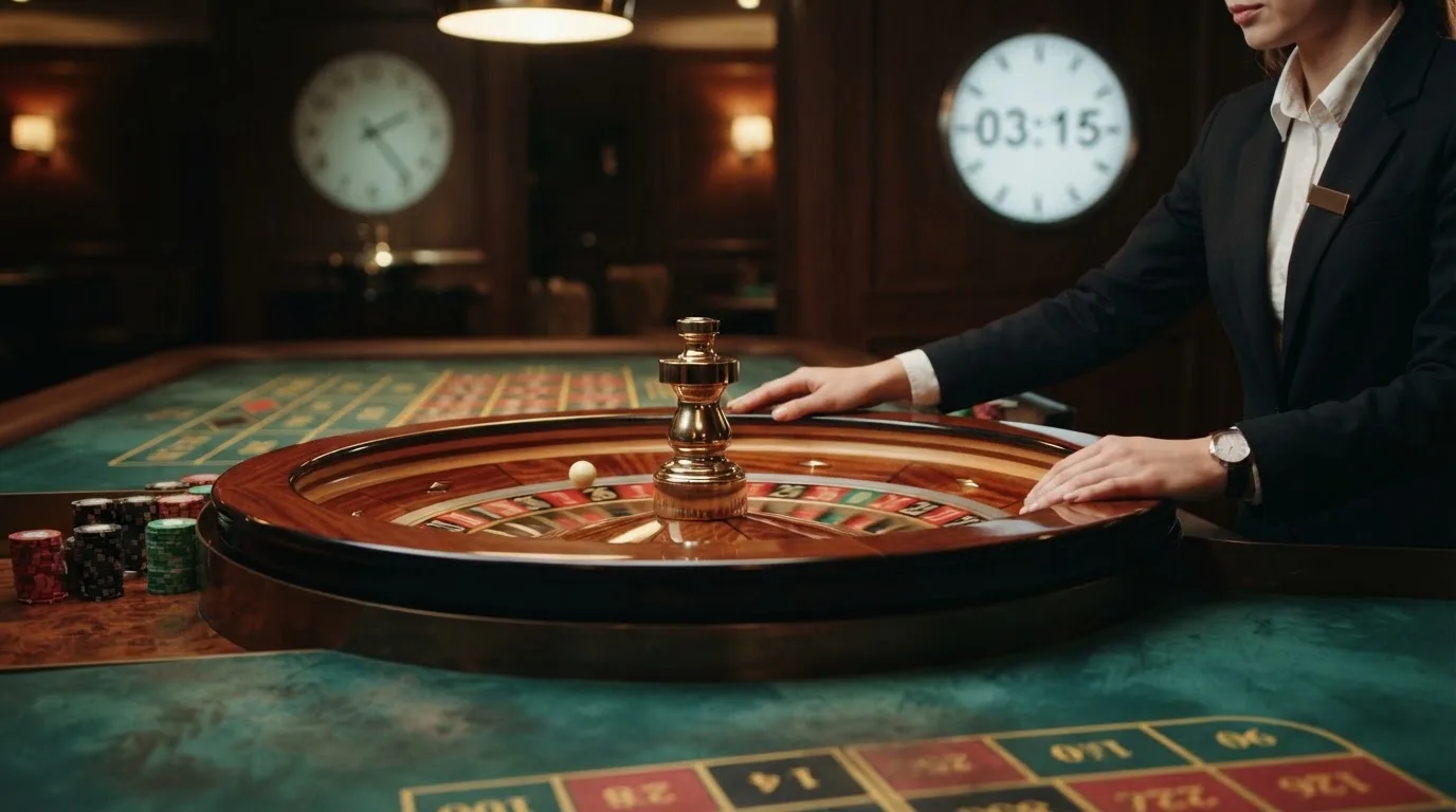 Een close-up van een live roulette-tafel met een dealer in beeld, de camera gericht op het draaiende wiel, met op de achtergrond een klok die 03:15 aangeeft.