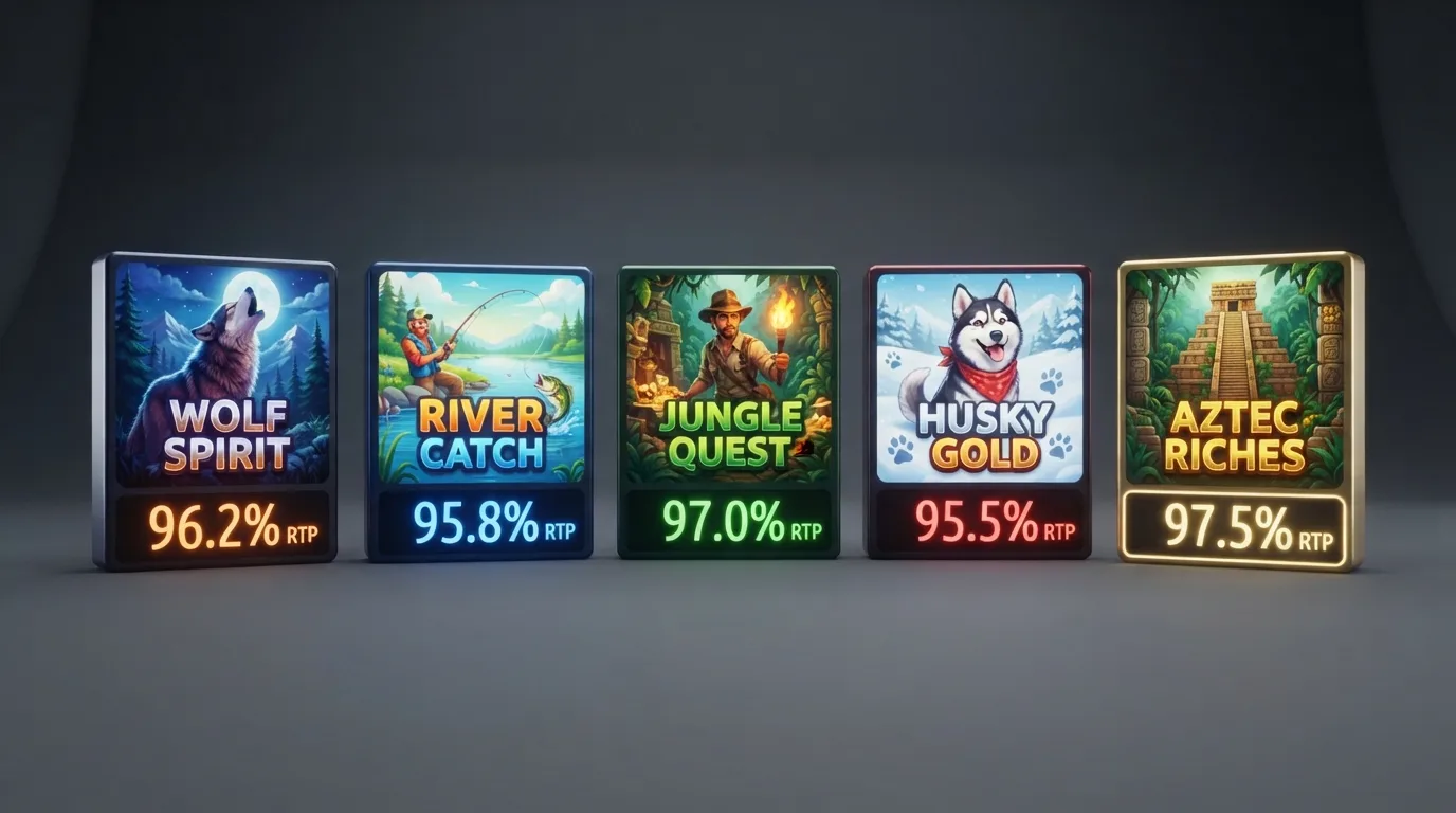 Een overzichtelijke vergelijking van Megaways-gokkasttegels met providerlogo, RTP-percentage en volatiliteitsaanduiding per titel