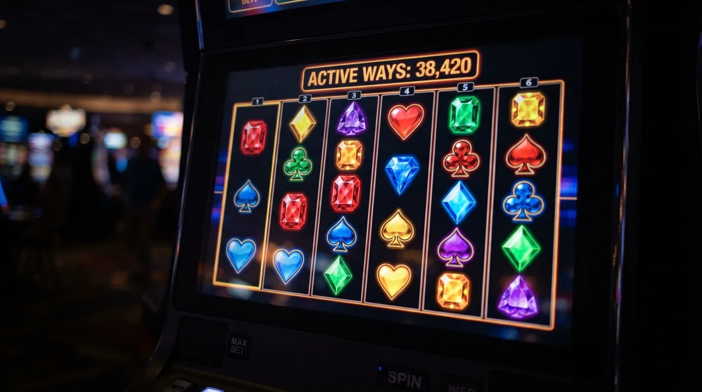 Close-up van een Megaways-slot met zes rollen en een wisselend aantal symbolen per rol