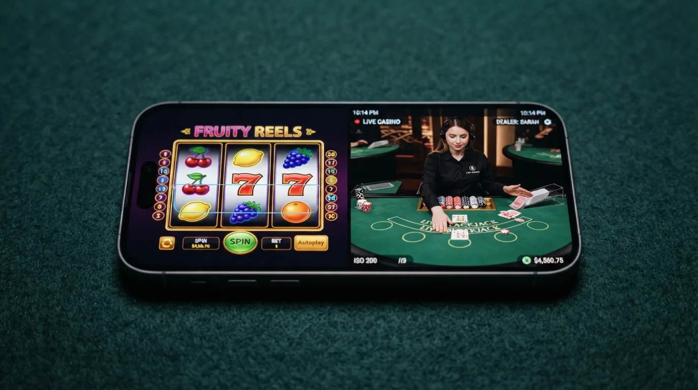 Een smartphone in liggende stand met een kleurrijke HTML5-gokkast geopend, de draaiende rollen scherp in beeld, naast een live casino-tafel in splitscreen