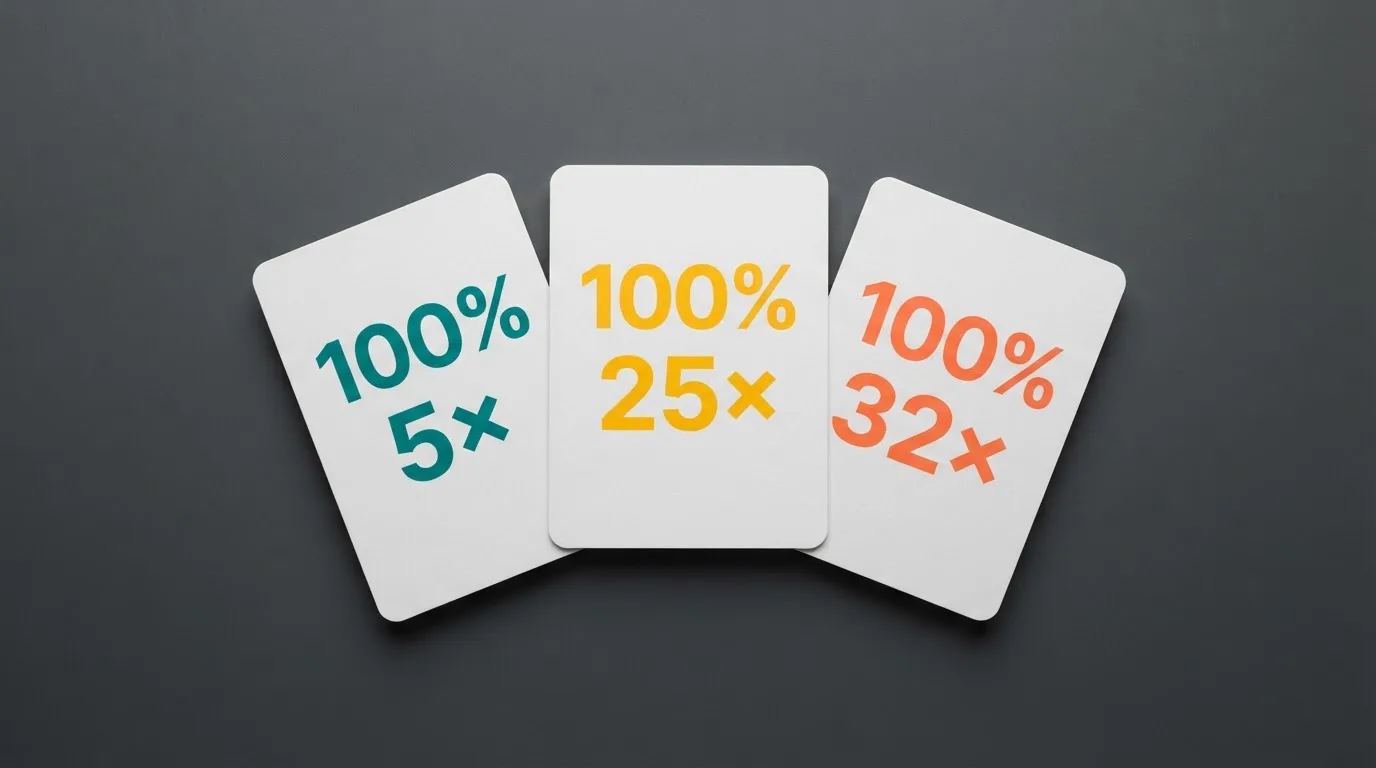 Drie naast elkaar liggende bonuskaarten met verschillende percentages en inzetvereisten, van tot 