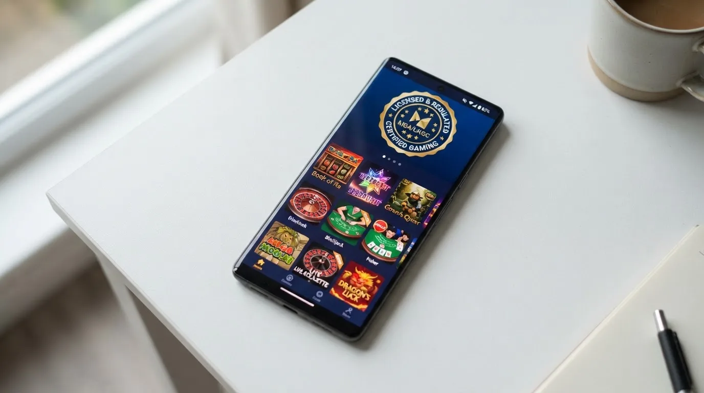 Een mobielscherm met de logo's van Ksa-vergunde Nederlandse casino's en het Ksa-keurmerk centraal in beeld
