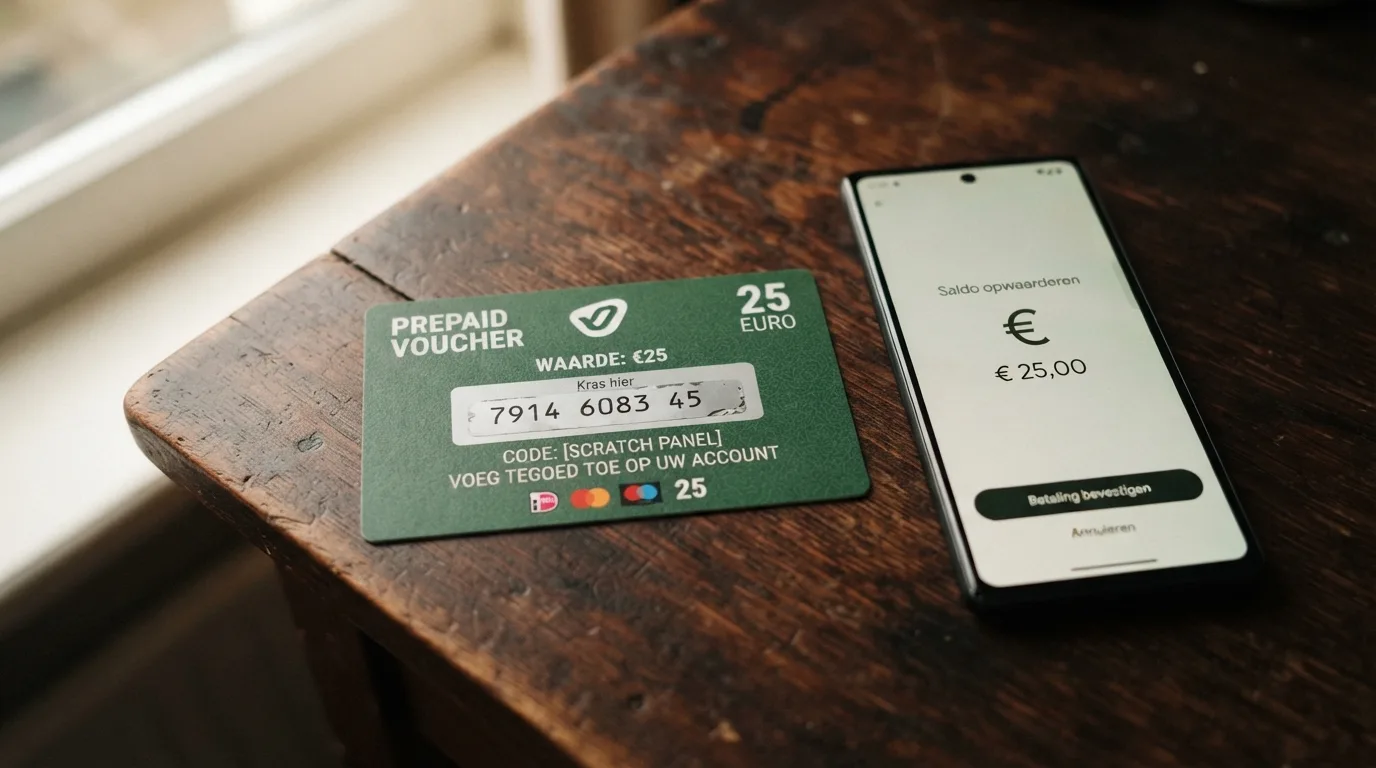 Een close-up van een Neosurf-tegoedbon van €25 met de tiencijferige pincode zichtbaar, naast een smartphone met een geopende casino-stortingspagina.