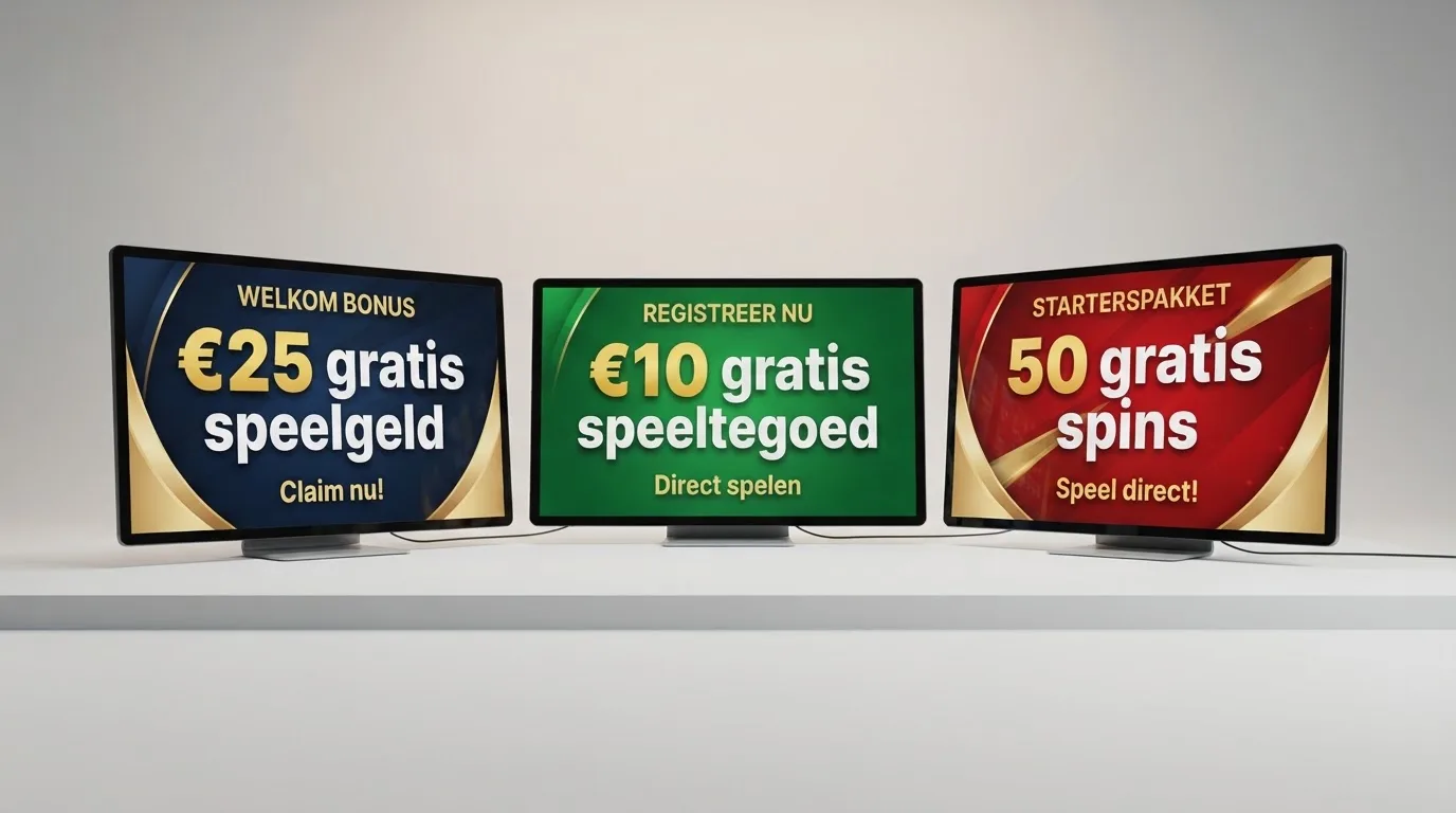 Drie Nederlandse casino-welkomstschermen naast elkaar — Kansino, One Casino en TOTO — elk met hun bonusbedrag prominent in beeld, op een split-screen desktopweergave