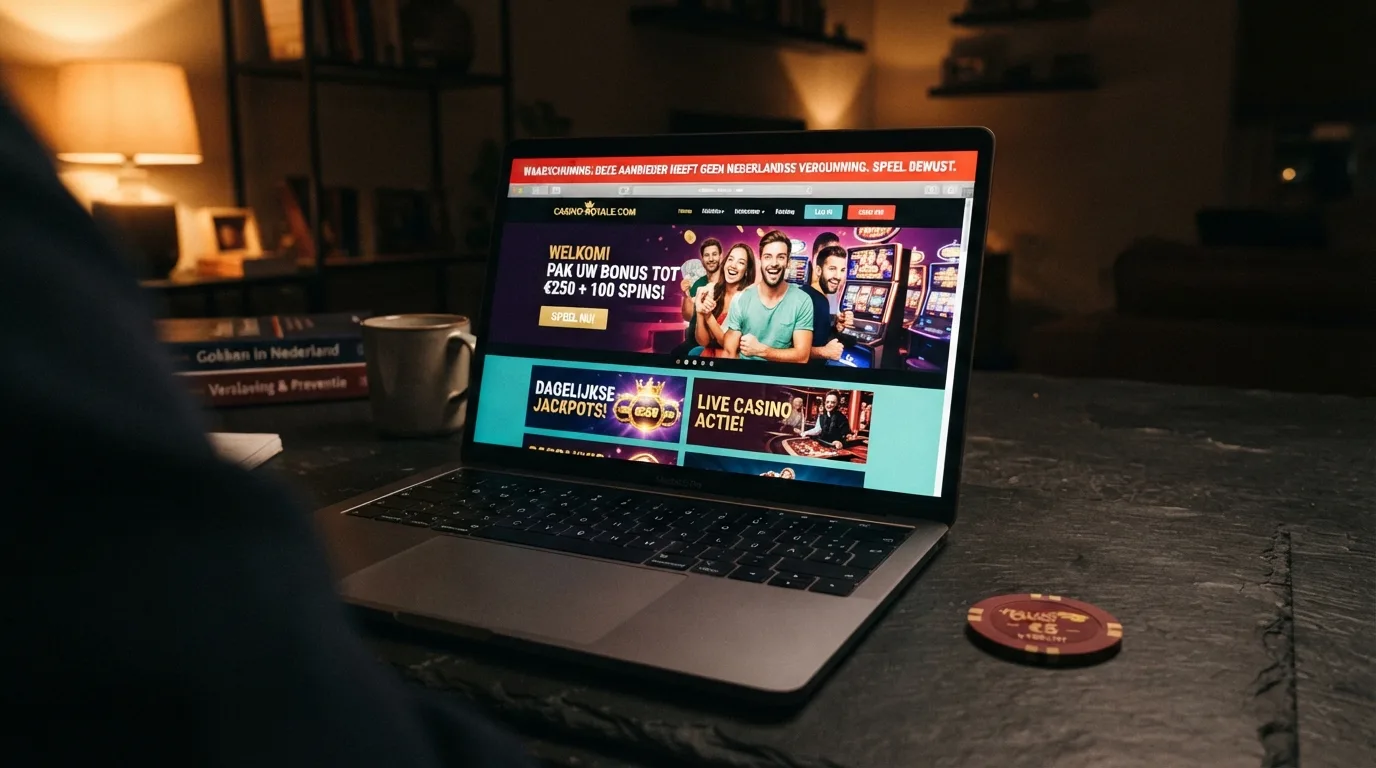 Een buitenlandse casinopagina met een waarschuwing over het ontbreken van een KSA-vergunning