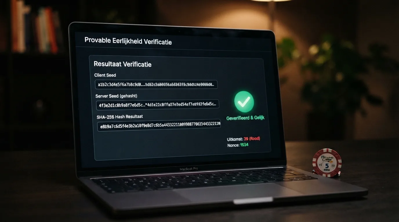 Een verificatiescherm met client seed, server seed en een zichtbare SHA-256-hash zoals speler die bij een provably-fair-slot te zien krijgt