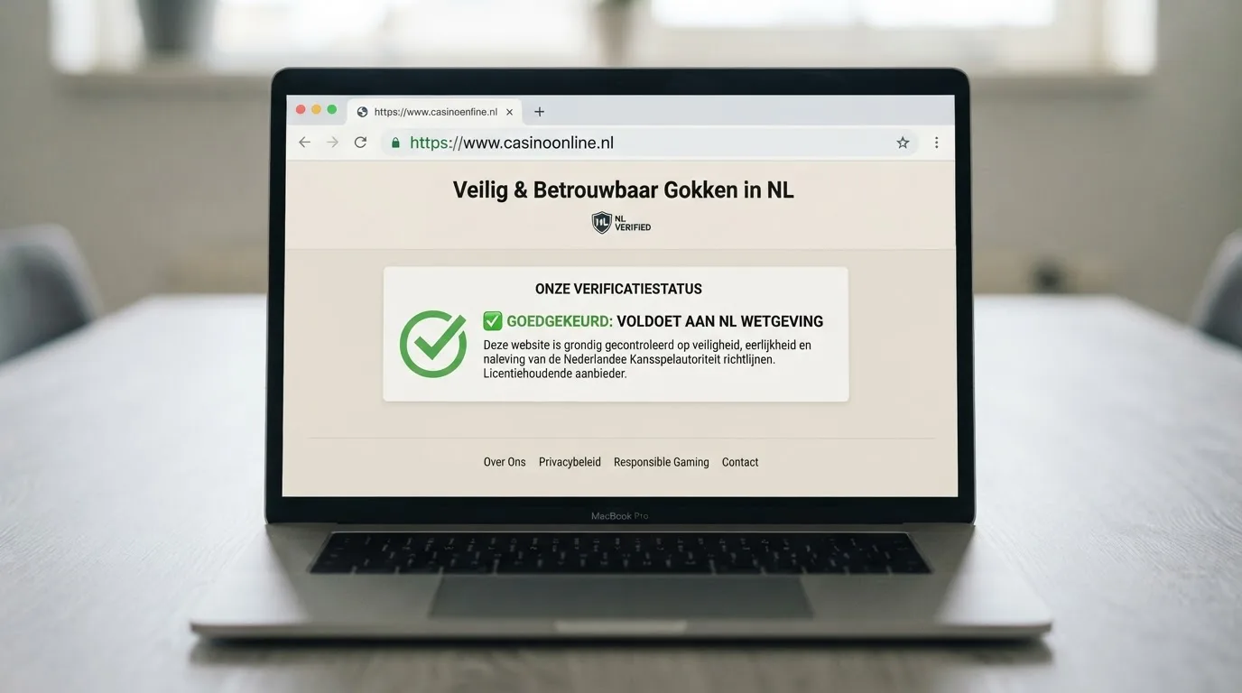Een close-up van een casino-website met zichtbare keurmerken, licentienummer in de footer en een hangslot-icoon in de adresbalk