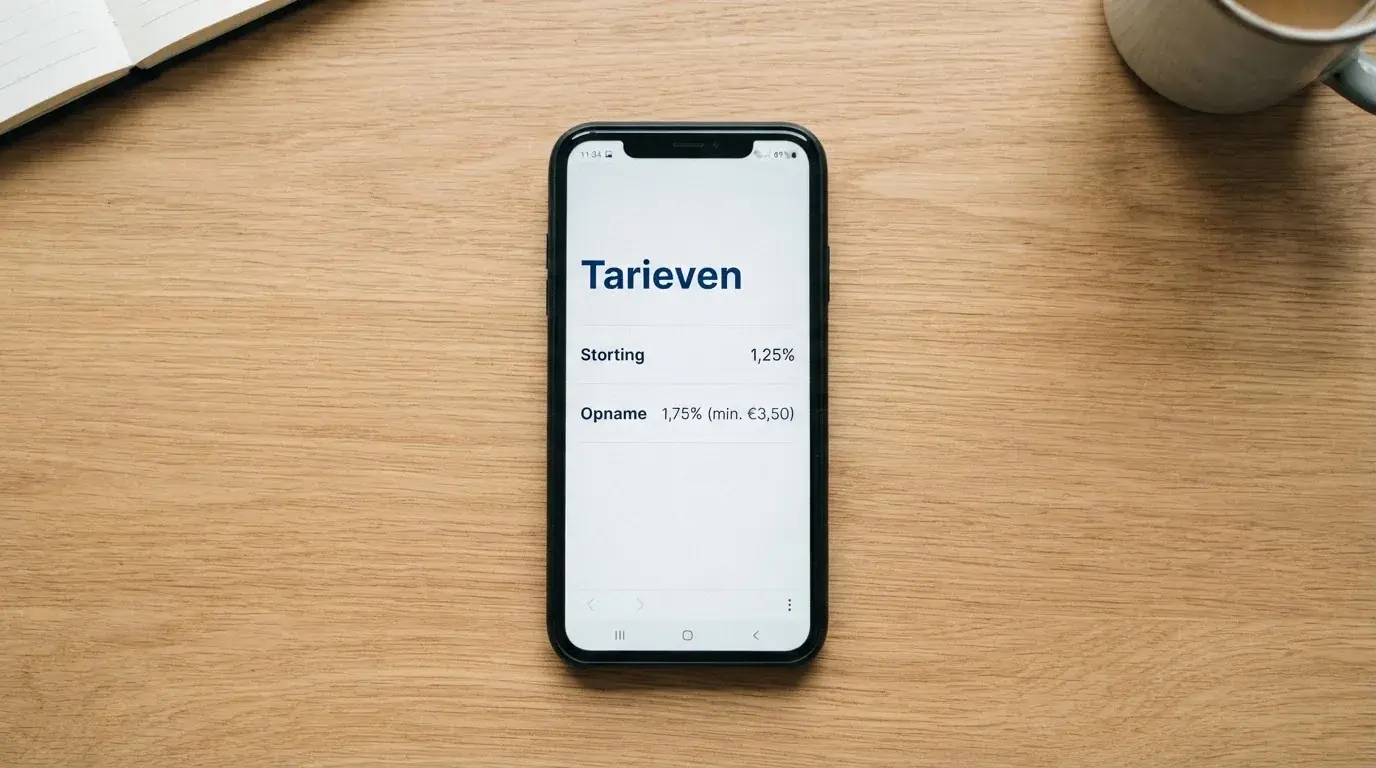 Tariefoverzicht in de Skrill-app met percentages voor storting, opname en valutaomrekening