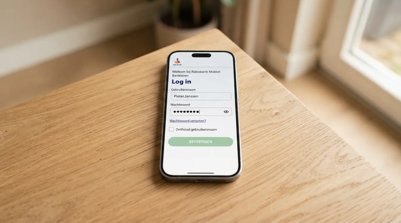 Een mobiel scherm met een bank-login en een bevestigingsknop voor een overboeking