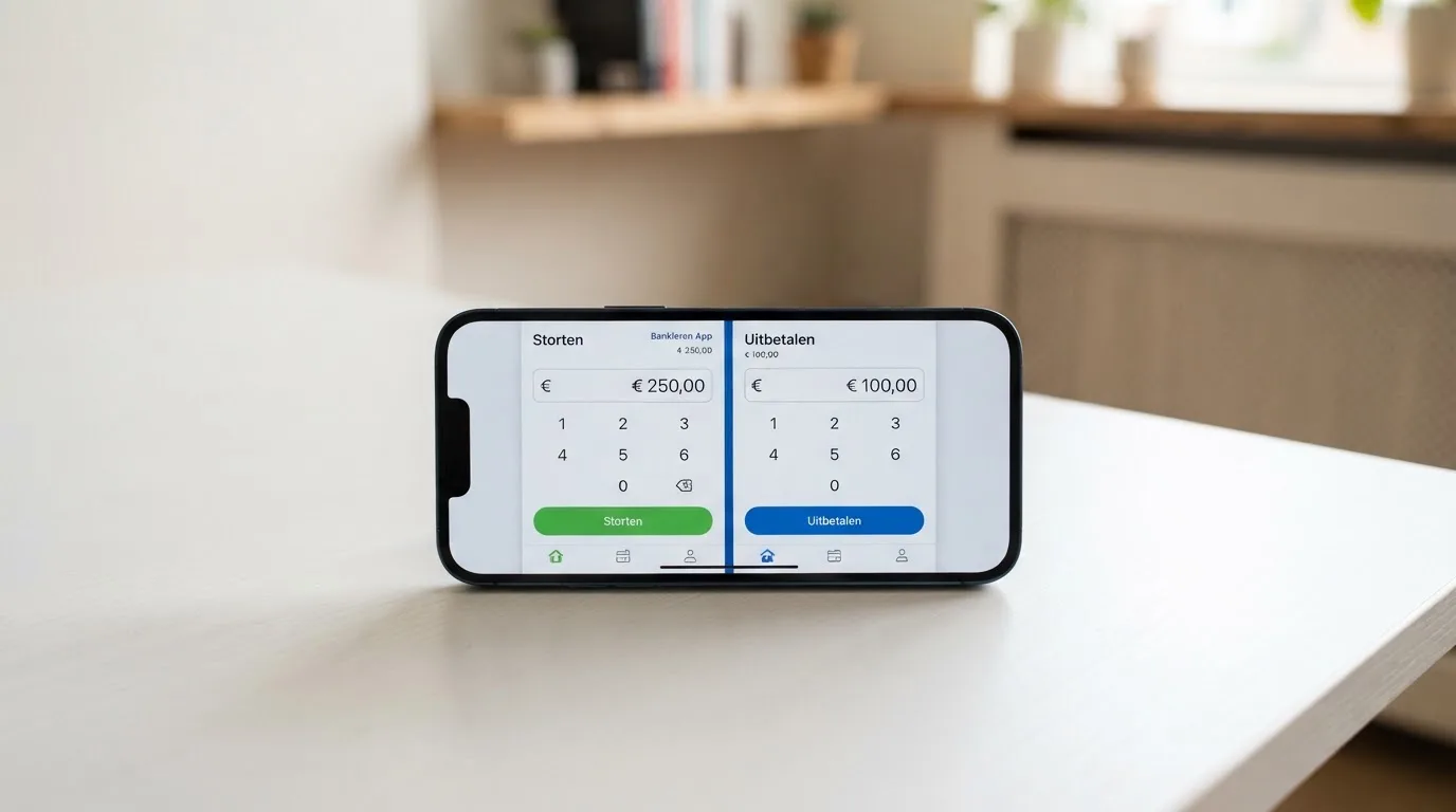 Telefoon met een iDEAL-stortingsscherm en een Trustly-uitbetalingsknop naast elkaar