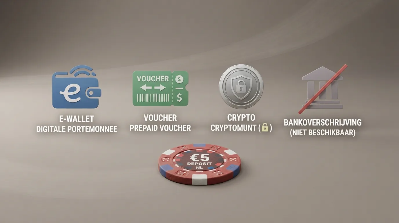 Een reeks betaallogo's (Trustly, Skrill, Paysafecard, crypto) naast een grijs en doorgestreept iDEAL-logo, met op de voorgrond een euromuntstuk van €5.