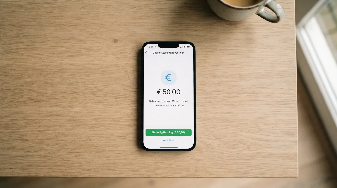 Een smartphone met het iDEAL-betaalscherm van een Nederlandse bank, klaar om een storting bij een online casino te bevestigen
