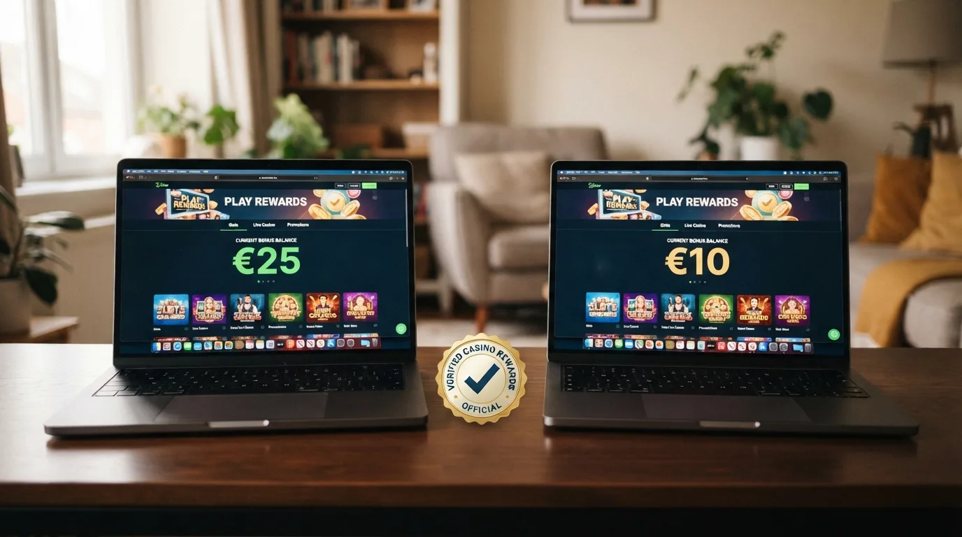 Twee Nederlandse online casino-homepages naast elkaar, één met €25 en één met €10 gratis bonus zonder storting, met keurmerk KSA zichtbaar.