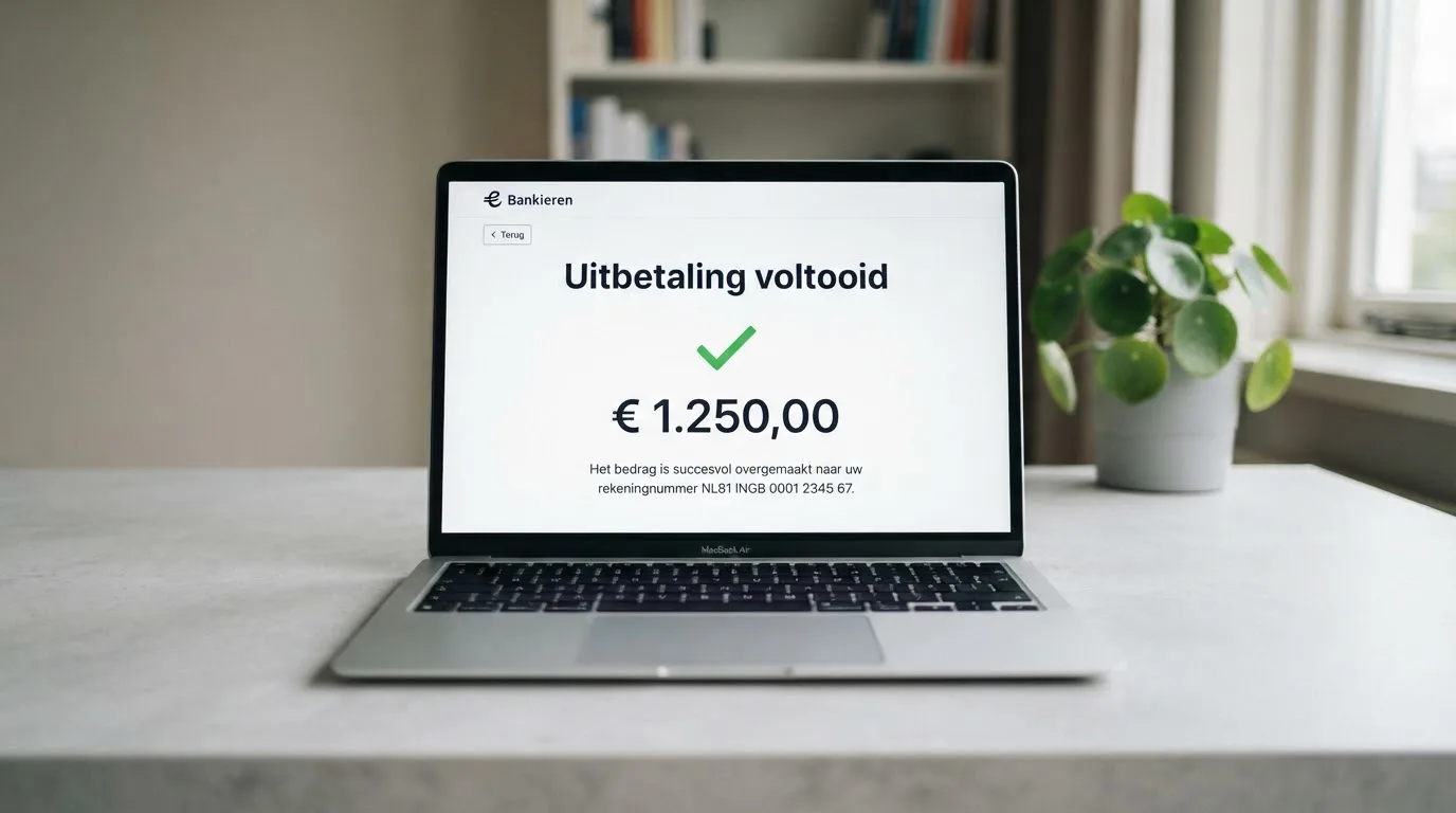 Een bankscherm waarop een casino-uitbetaling per bankoverschrijving naar een Nederlandse rekening wordt overgemaakt