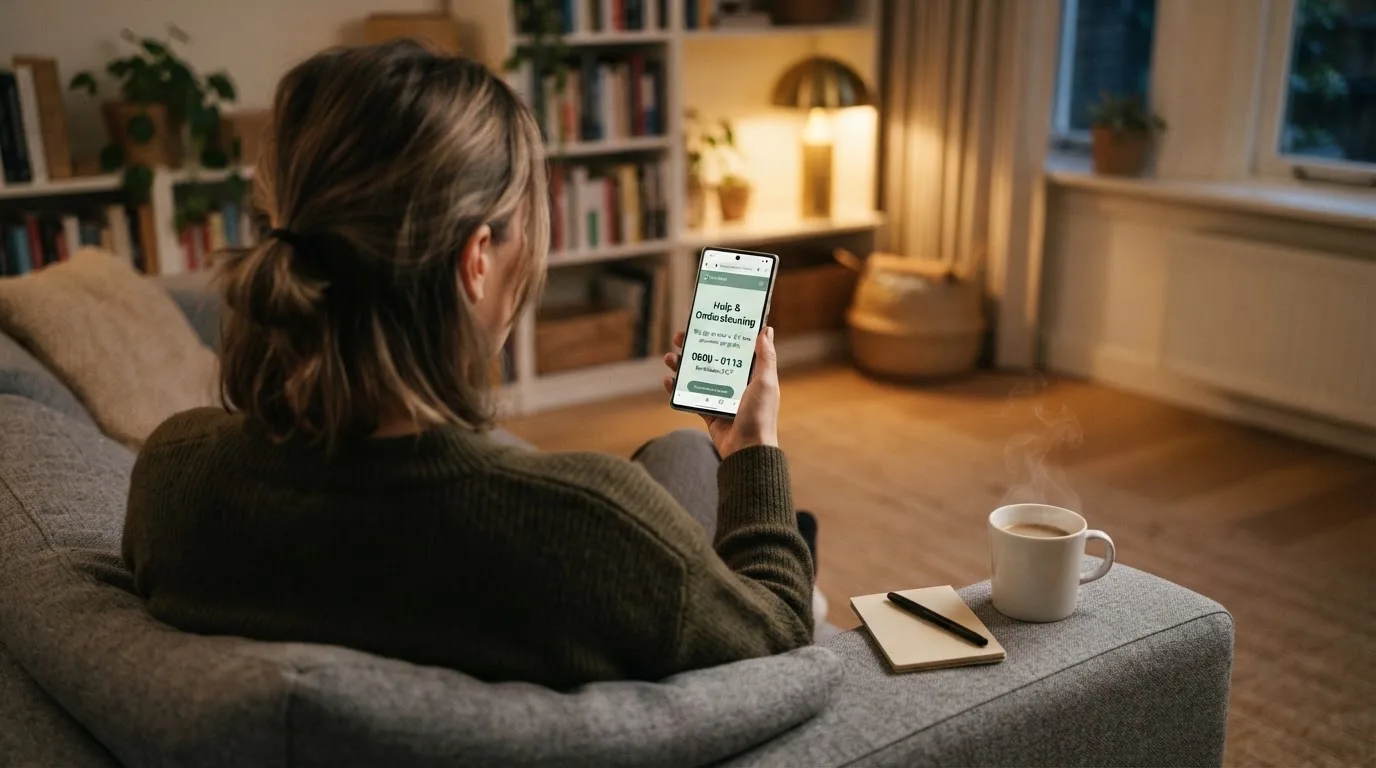 Een telefoon die het scherm van openovergokken.nl toont, naast een notitie met '0800-5000' en een kop koffie — rustig, behulpzaam, niet angstaanjagend