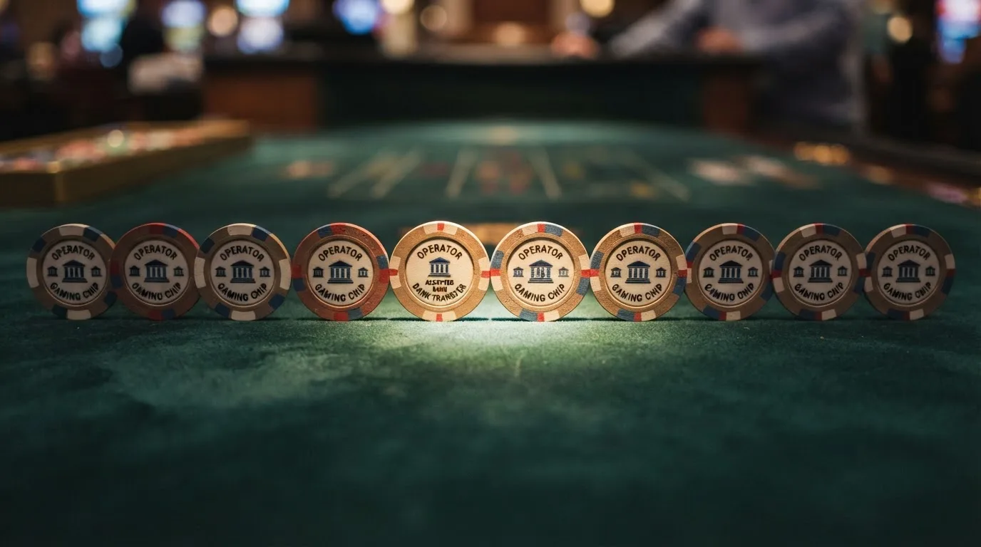 Een overzichtelijke rij Ksa-vergunde casino-logo's waarbij twee zijn uitgelicht als aanbieders die bankoverschrijving accepteren, tegenover de rest die alleen iDEAL en Trustly voeren.